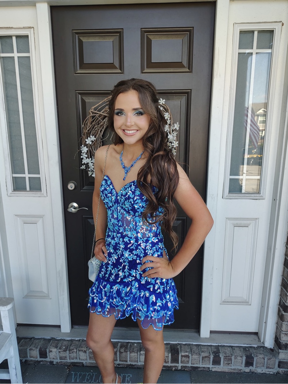 Primavera Couture Blue Sequin Floral Mini Dress Size 4